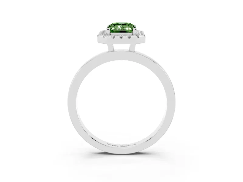 Fancy Green Emerald Cut Diamond Halo Solitaire Ring Set in Silver with Pavé Band and Prong Setting