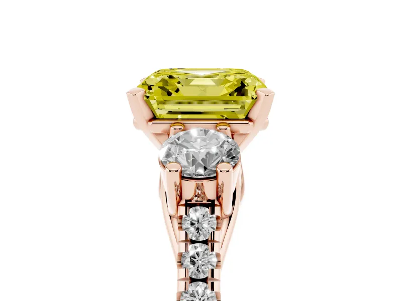 Fancy Yellow Three-Stone Asscher Cut Diamond Pavé Band Ring Set in Rose gold with Prong-Set Trio