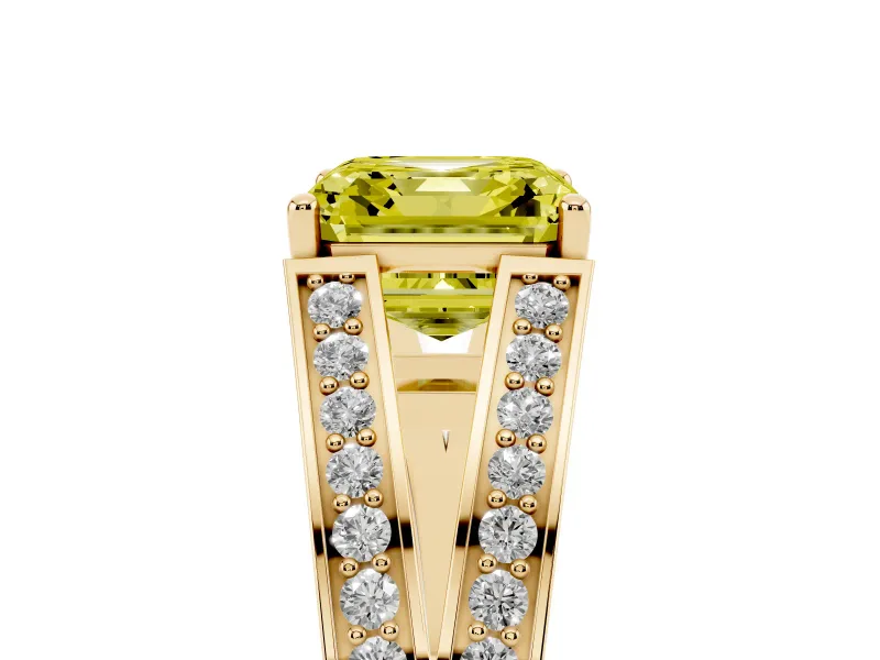 Fancy Yellow Asscher Cut Diamond Split Shank Ring Set in Yellow gold with Pavé Band and Prong Setting