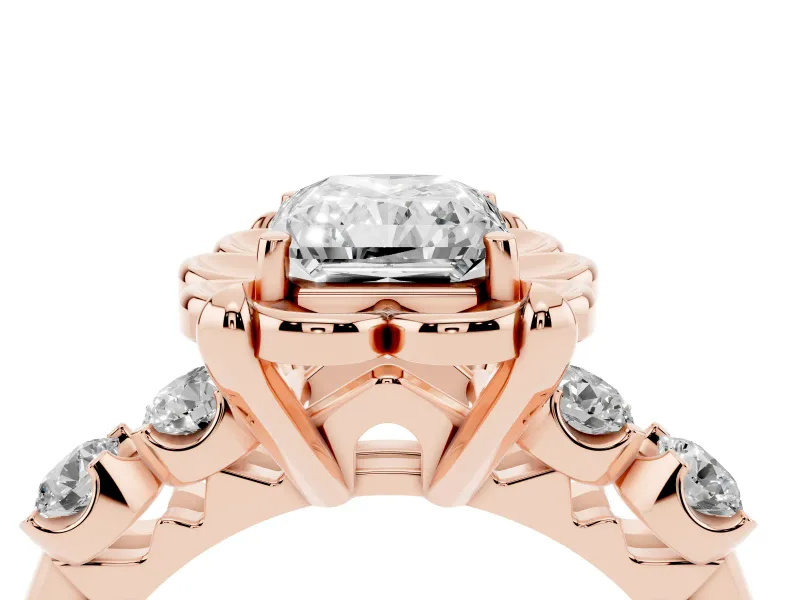Radiant Cut Diamond Floral Halo Ring Set in Rose gold with Shared Prong Band