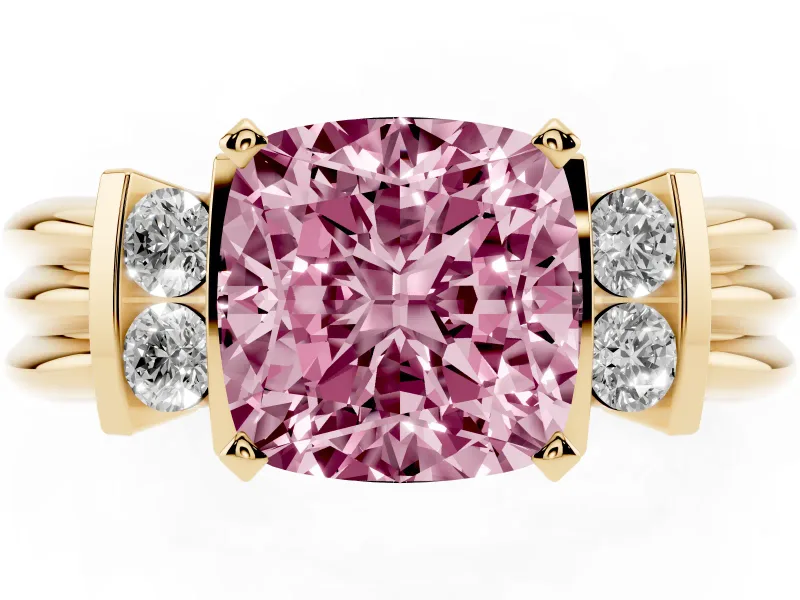 Fancy Pink Three-Stone Cushion Cut Diamond Channel Set Ring Set in Yellow gold with Bar Prongs