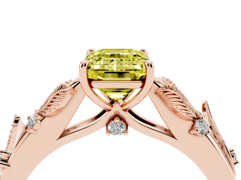 Emerald Cut Leaf Solitaire Engagement Ring Setting for a Fancy Yellow Lab-Grown Diamond | Rose Gold