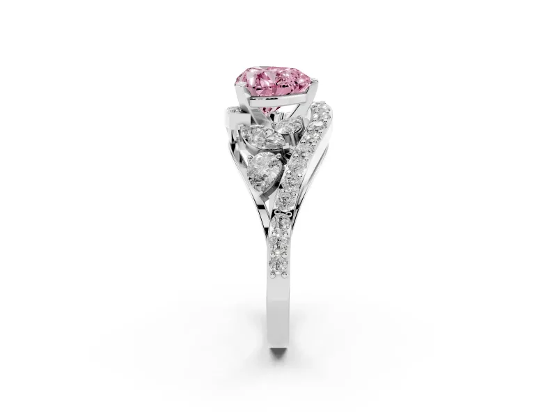 Fancy Pink Heart Cut Diamond Halo Ring Set in Silver with Marquise and Pavé Band in Prong Setting