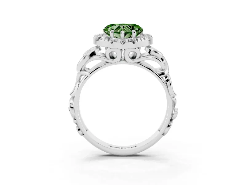 Fancy Green Heart Cut Diamond Halo Ring Set in Platinum with Scrollwork Band and Prong Setting