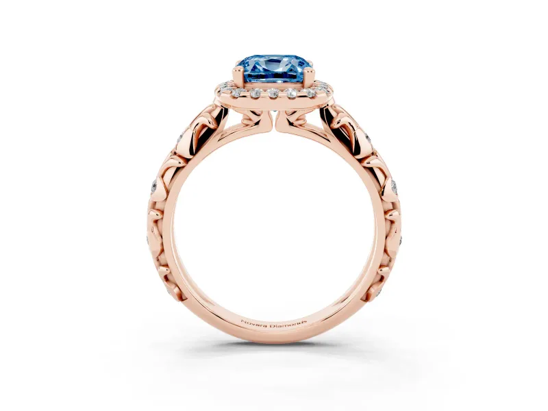 Cushion Cut Leaf Halo Engagement Ring Setting for a Fancy Blue Lab-Grown Diamond | Bezel Accents | Rose Gold