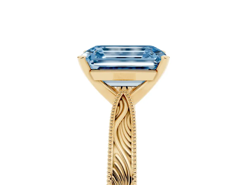 Fancy Blue Emerald Cut Diamond Solitaire Milgrain Engraved Band Set in Yellow gold with Prong Setting