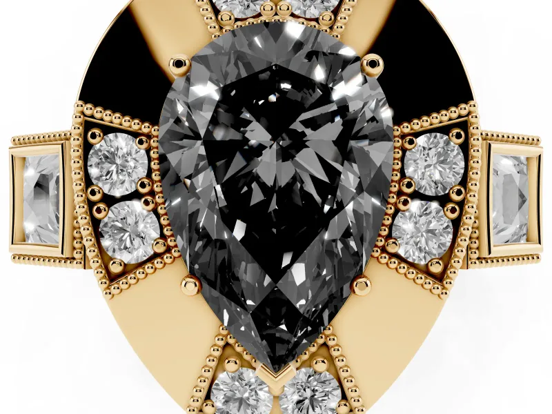 Pear-Shaped Milgrain Sectioned Halo Engagement Ring Setting for a Black Center | Yellow Gold