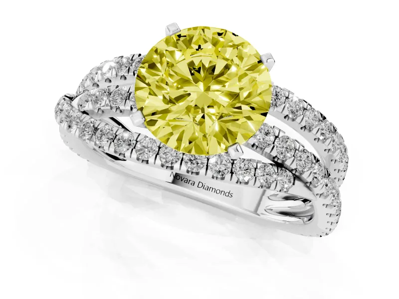 Fancy Yellow Round Cut Diamond Solitaire Twist Band Ring Set in Silver with Pavé Setting and Prong Head
