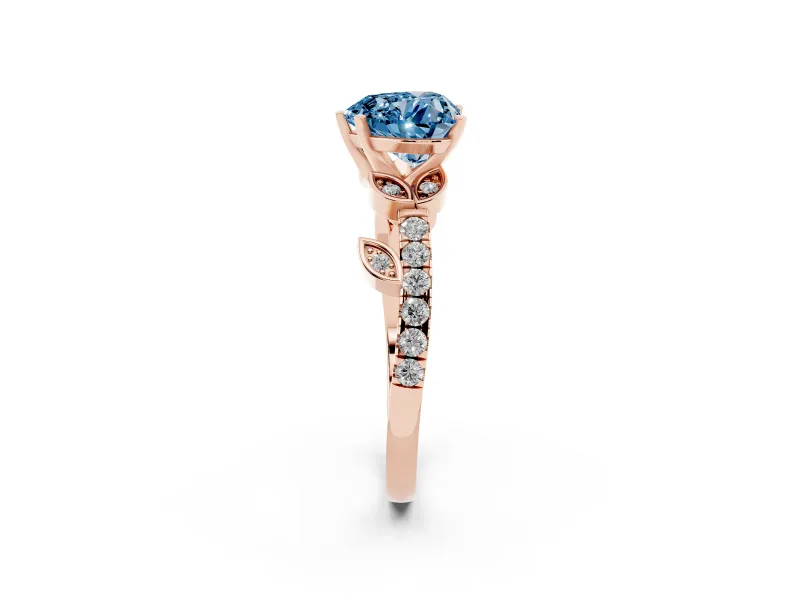 Fancy Blue Heart Cut Diamond Solitaire Leaf-Inspired Ring Set in Rose gold with Pavé Band and Prong Setting
