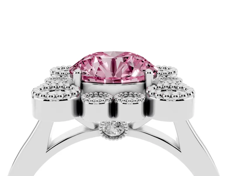 Round Milgrain Cluster Halo Engagement Ring Setting for a Fancy Pink Lab-Grown Diamond | Plain Band | Platinum