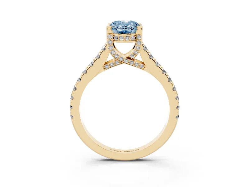 Oval Hidden Halo Pave Engagement Ring Setting for a Fancy Blue Lab-Grown Diamond | Claw Prongs | Yellow Gold
