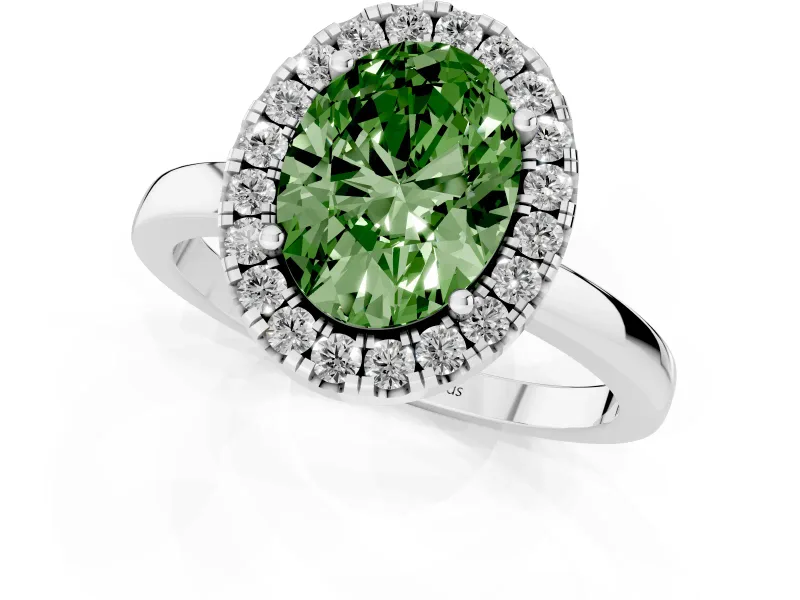 Fancy Green Oval Cut Diamond Halo Solitaire Ring Set in Platinum with Pavé Band and Prong Setting
