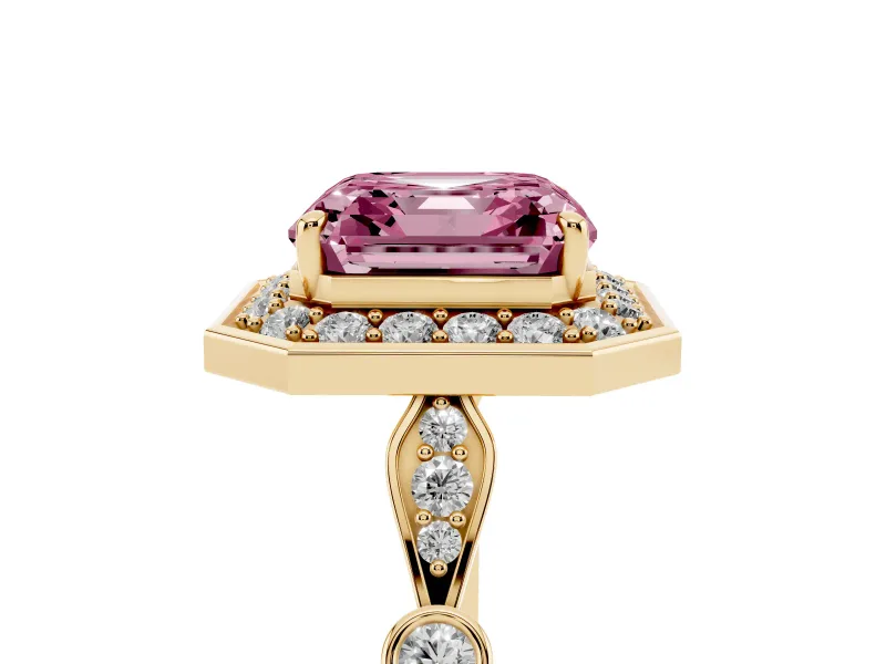 Asscher Cut Halo Engagement Ring Setting for a Fancy Pink Lab-Grown Diamond | Bezel Station Shoulders | Yellow Gold