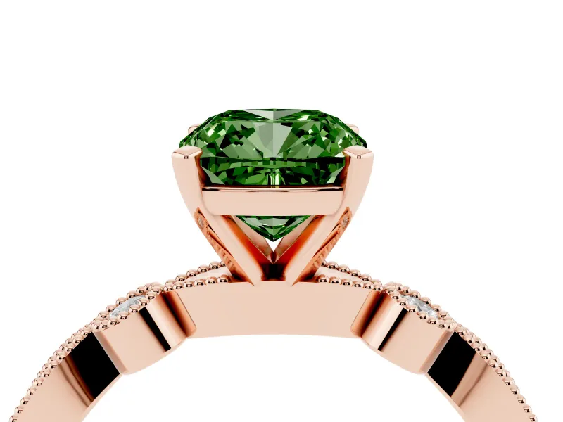 Fancy Green Cushion Cut Diamond Solitaire Engagement Ring Set in Rose gold with Milgrain Bezel Accent Band