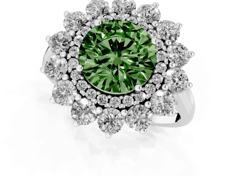 Round Floral Double Halo Engagement Ring Setting for a Fancy Green Lab-Grown Diamond | Plain Band | Platinum