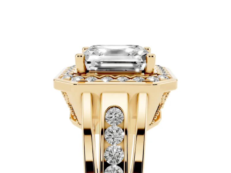 Asscher Cut Vintage Halo Engagement Ring Setting | Channel-Set Split Shank | Yellow Gold
