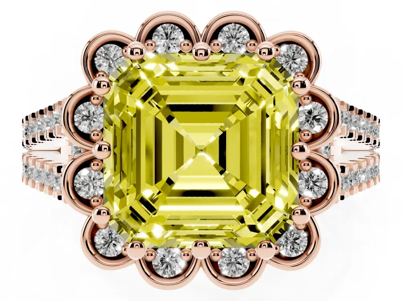 Asscher Cut Floral Halo Engagement Ring Setting for a Fancy Yellow Lab-Grown Diamond | Pavé Split Shank | Rose Gold