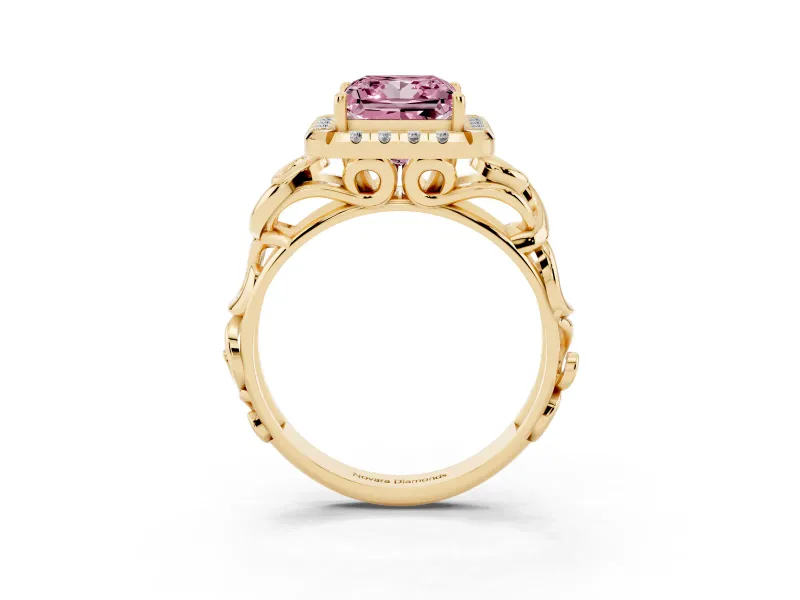 Princess Cut Filigree Halo Engagement Ring Setting for a Fancy Pink Lab-Grown Diamond | Yellow Gold