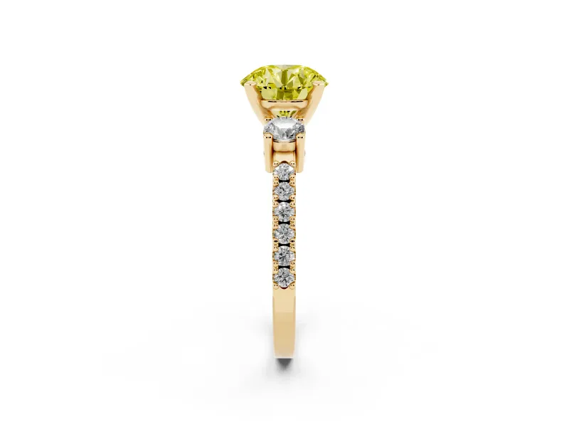 Fancy Yellow Three-Stone Round Cut Diamond Pavé Band Ring Set in Yellow gold with Prong Setting