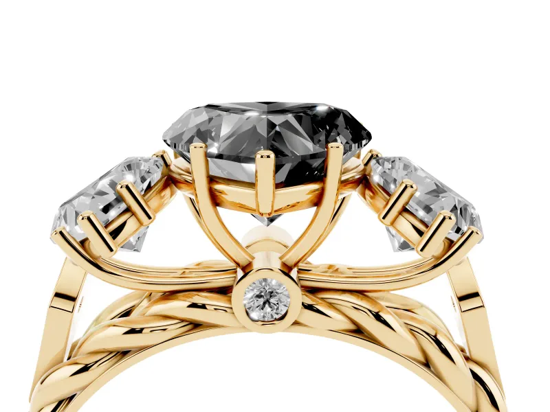 Heart-Shaped Three Stone Engagement Ring Setting for a Black Center | Braided Band | Yellow Gold