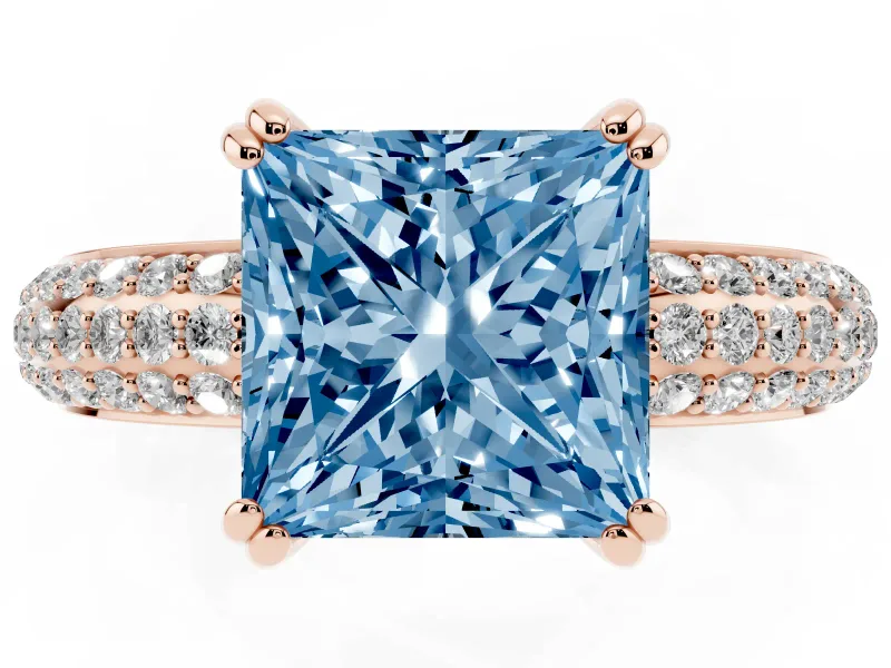Princess Cut Three Row Pave Engagement Ring Setting for a Fancy Blue Lab-Grown Diamond | Rose Gold