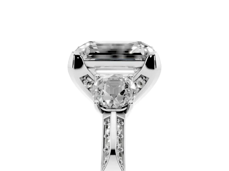 Emerald Cut Hidden Halo Three Stone Engagement Ring Setting for a Fancy Pink Lab-Grown Diamond | Sterling Silver