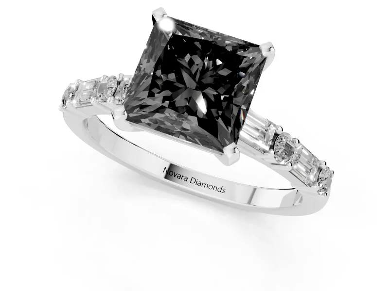 Princess Cut Baguette Side Stone Engagement Ring Setting for a Black Center | White Gold