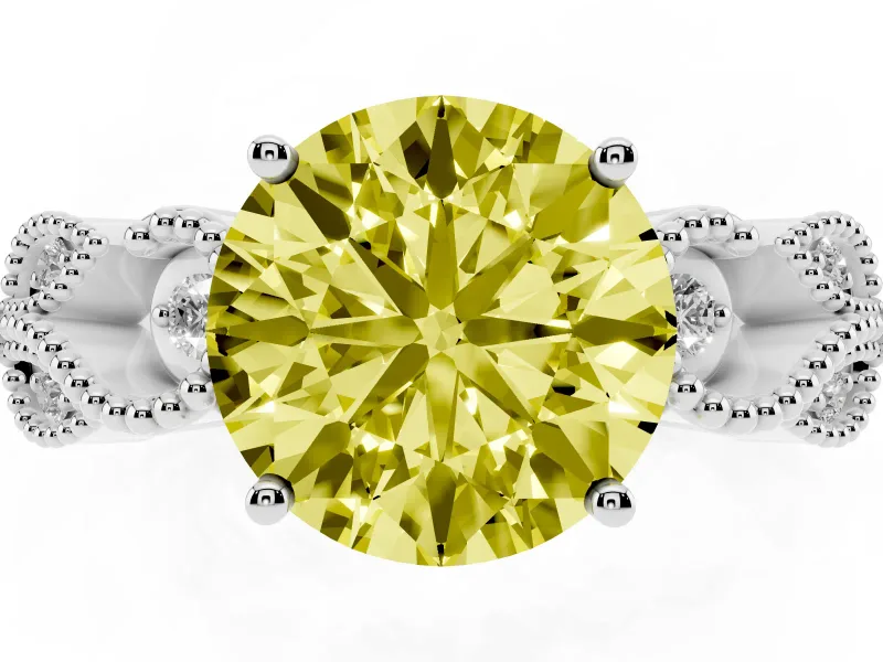 Fancy Yellow Round Cut Diamond Milgrain Leaf Band Solitaire Ring Set in White gold with Accent Stones and Prong Setting