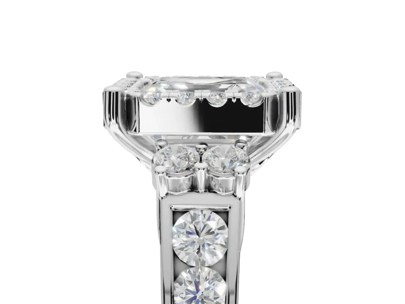 Asscher Cut Halo Side Cluster Engagement Ring Setting | Graduated Channel Band | White Gold