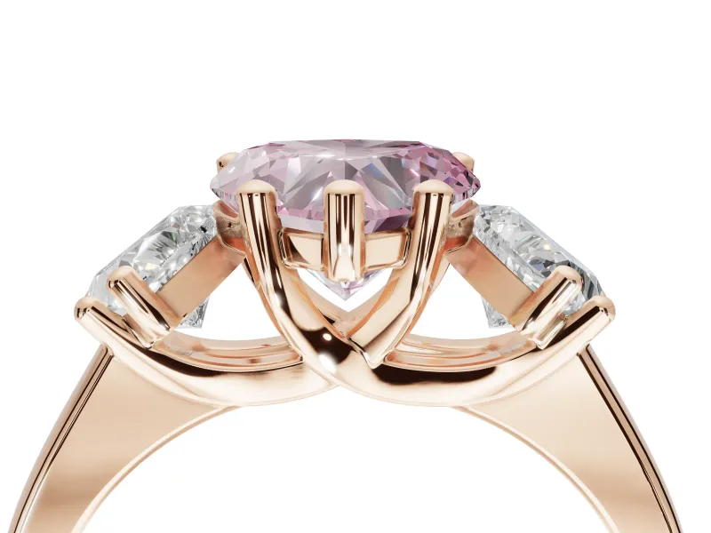 Heart-Shaped Three Stone Engagement Ring Setting for a Fancy Pink Lab-Grown Diamond | Wide Tapered Shoulders | Rose Gold