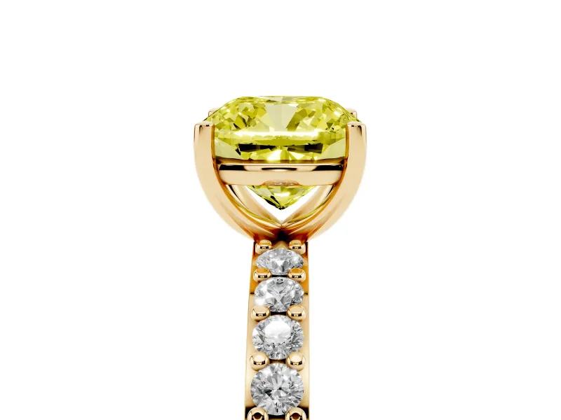 Cushion Cut Pavé Solitaire Engagement Ring Setting for a Fancy Yellow Lab-Grown Diamond | Single Row Band | Yellow Gold