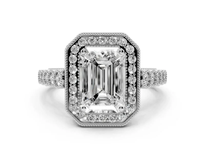 Emerald Cut Diamond Milgrain Halo Solitaire Ring Set in Silver with Bezel Set Side Stones and Pavé Band