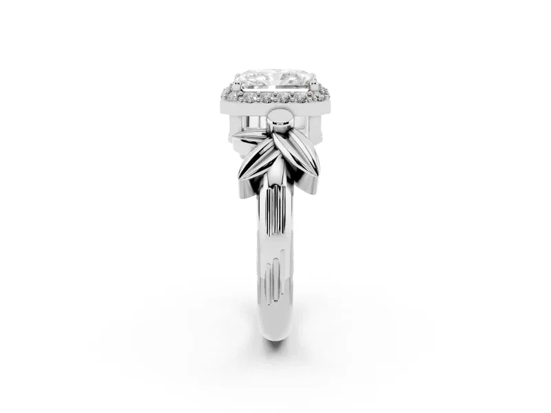 Radiant Cut Diamond Halo Floral Band Ring Set in Silver with Prong Setting