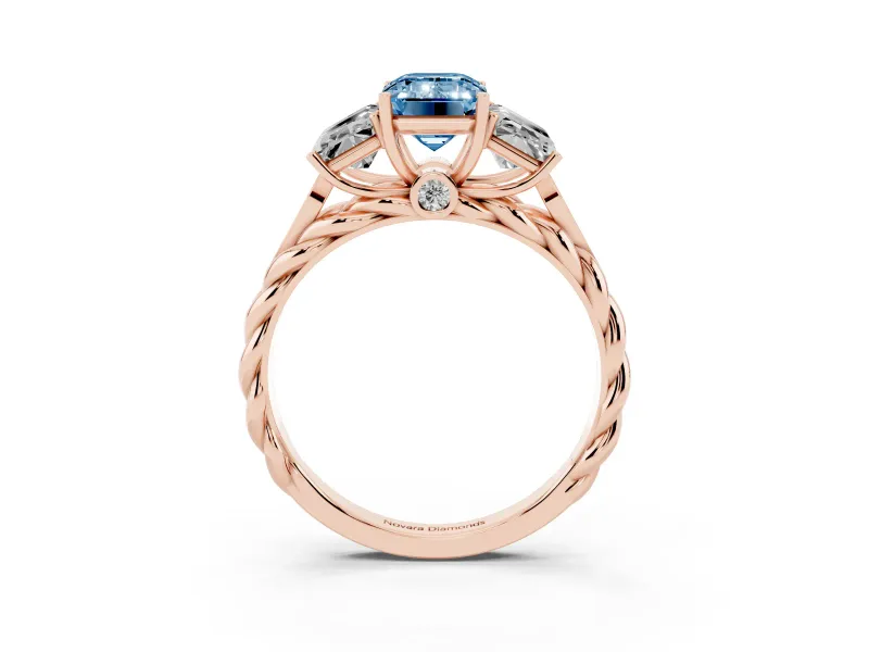 Fancy Blue Emerald Cut Diamond Three-Stone Ring Set in Rose gold with Braided Band