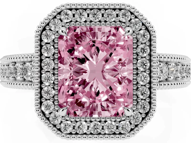 Fancy Pink Radiant Cut Diamond Halo Ring Set in Platinum with Round Accent Halo, Pavé Band and Prong Setting