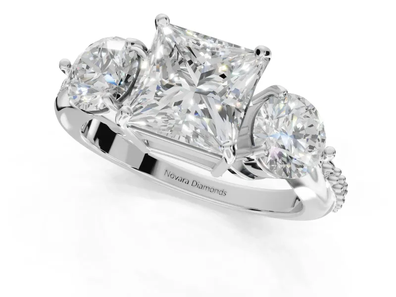Princess Cut Three Stone Engagement Ring Setting | Tapered Pave Band | White Gold