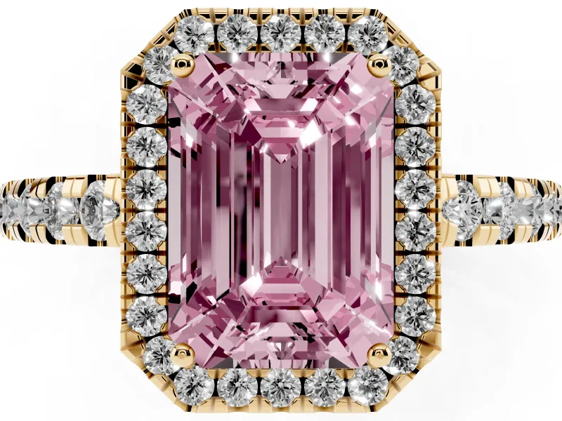 Fancy Pink Emerald Cut Diamond Halo Ring Set in Yellow gold with Delicate Pavé Band and Prong Setting