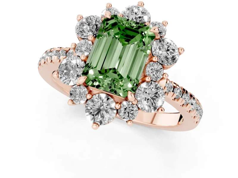 Fancy Green Emerald Cut Diamond Floral Halo Ring Set in Rose gold with Round Pavé Band and Prong Setting