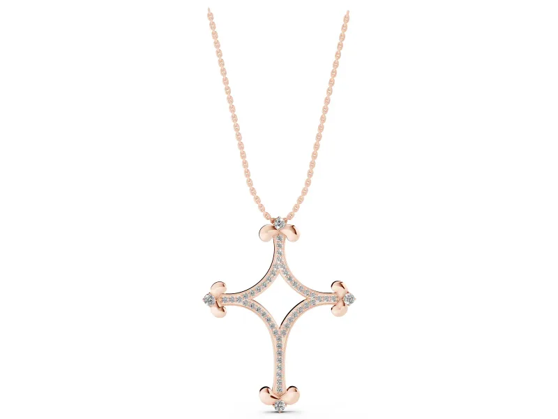 Round Lab-Grown Diamond Pavé Open Cross Pendant Necklace | Fleur-de-Lis Tips | Rose Gold