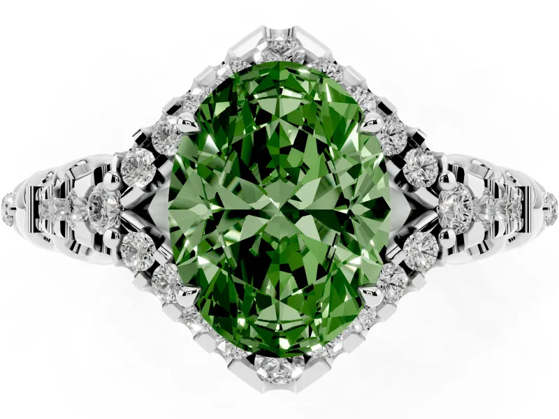 Oval Hidden Halo Filigree Engagement Ring Setting for a Fancy Green Lab-Grown Diamond | White Gold
