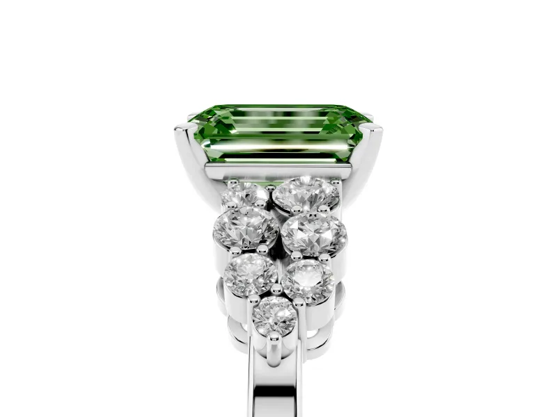 Fancy Green Emerald Cut Diamond Cluster Engagement Ring Set in Platinum with Pavé Band and Prong Setting