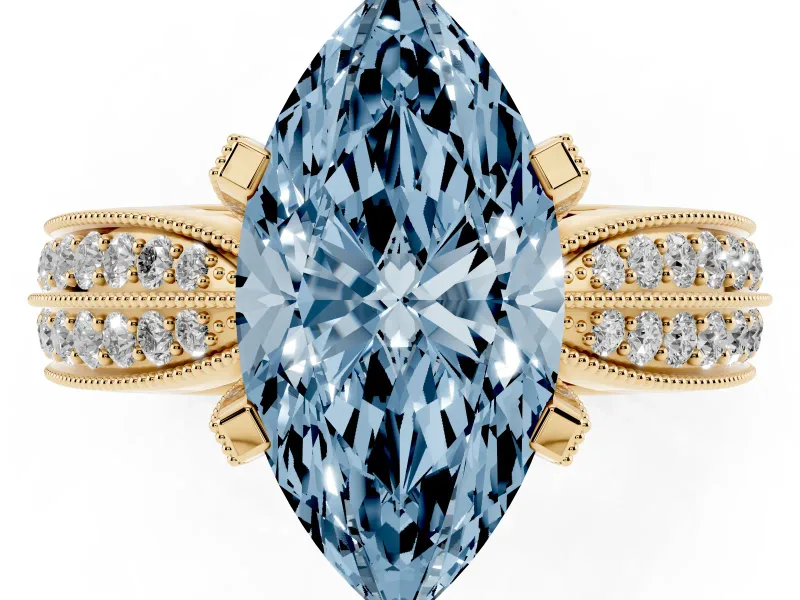 Fancy Blue Marquise Cut Diamond Solitaire Ring Set in Yellow gold with Milgrain Double Row Round Pavé Band