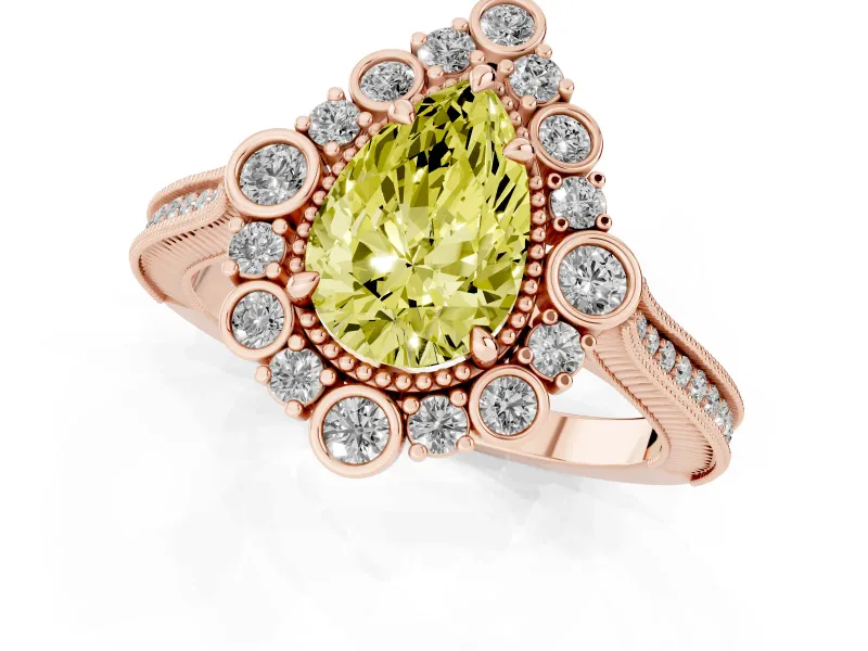 Fancy Yellow Pear Cut Diamond Halo Milgrain Pavé Ring Set in Rose gold with Prong Setting