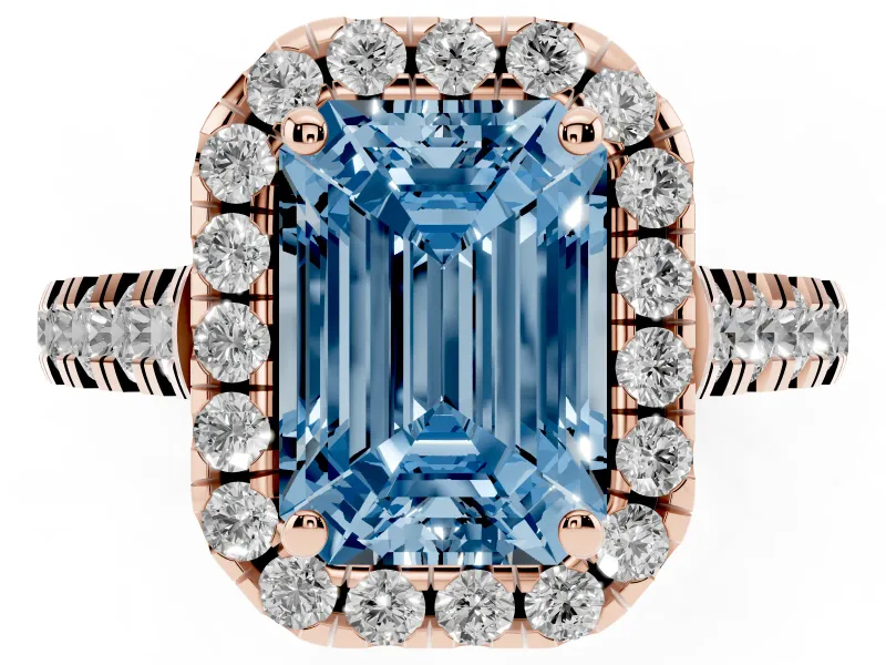 Emerald Cut Accented Halo Engagement Ring Setting for a Fancy Blue Lab-Grown Diamond | Rose Gold
