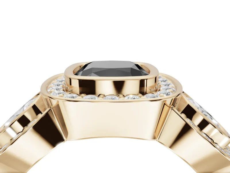 Cushion Cut Three Stone Halo Engagement Ring Setting for a Black Center | Bezel Set | Yellow Gold