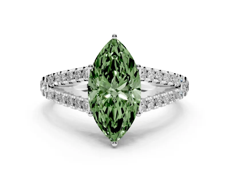 Fancy Green Marquise Cut Diamond Split Shank Pavé Engagement Ring Set in White gold with Prong-Held Center Stone