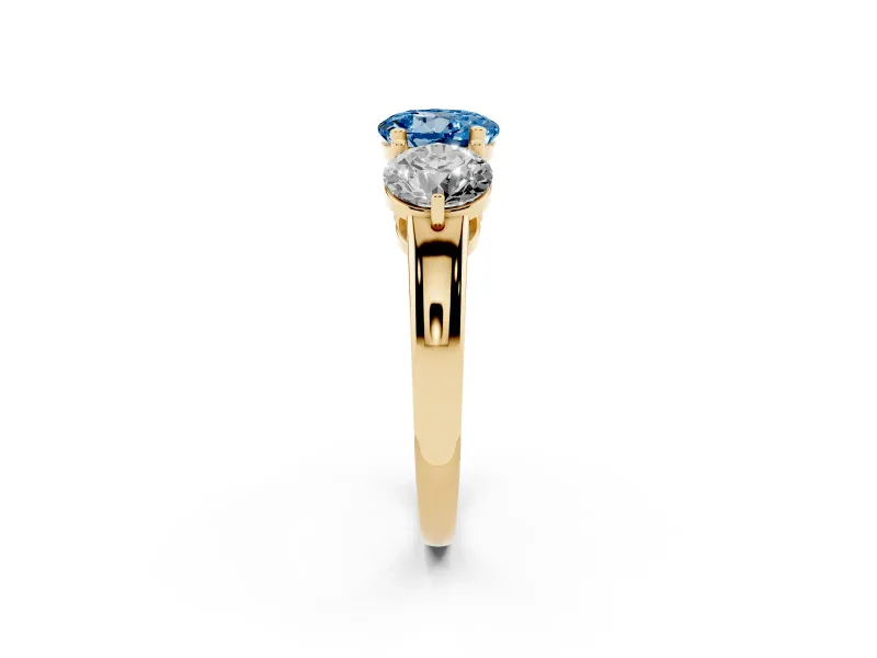 Round Three Stone Engagement Ring Setting for a Fancy Blue Lab-Grown Diamond | Large Round Side Stones | Yellow Gold