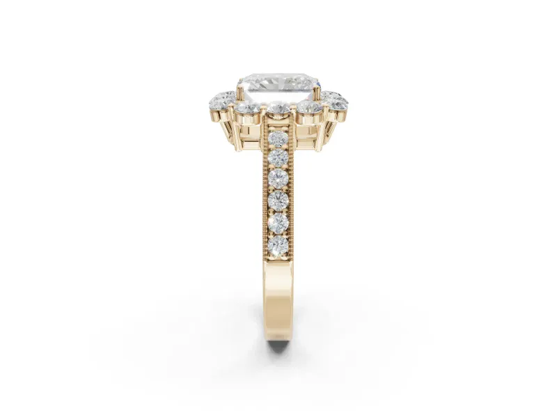 Radiant Cut Vintage Halo Engagement Ring Setting | Milgrain Channel Band | Yellow Gold