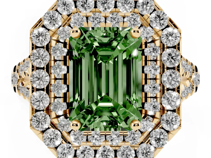 Emerald Cut Halo Split Shank Engagement Ring Setting for a Fancy Green Lab-Grown Diamond | Yellow Gold