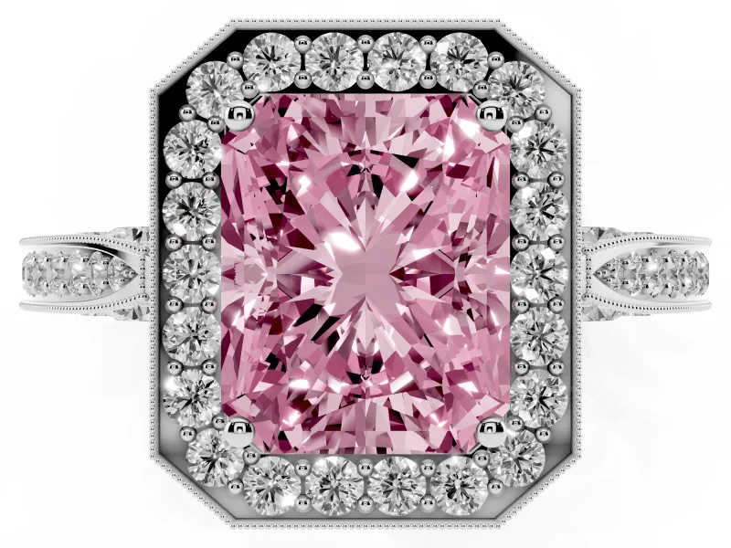 Radiant Cut Milgrain Halo Engagement Ring Setting for a Fancy Pink Lab-Grown Diamond | Side Stones | White Gold